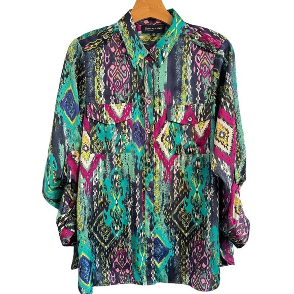 Jones New York Women's Shirt Size Large Green Paisley Hidden Button Up Tie Waist - Picture 1 of 12